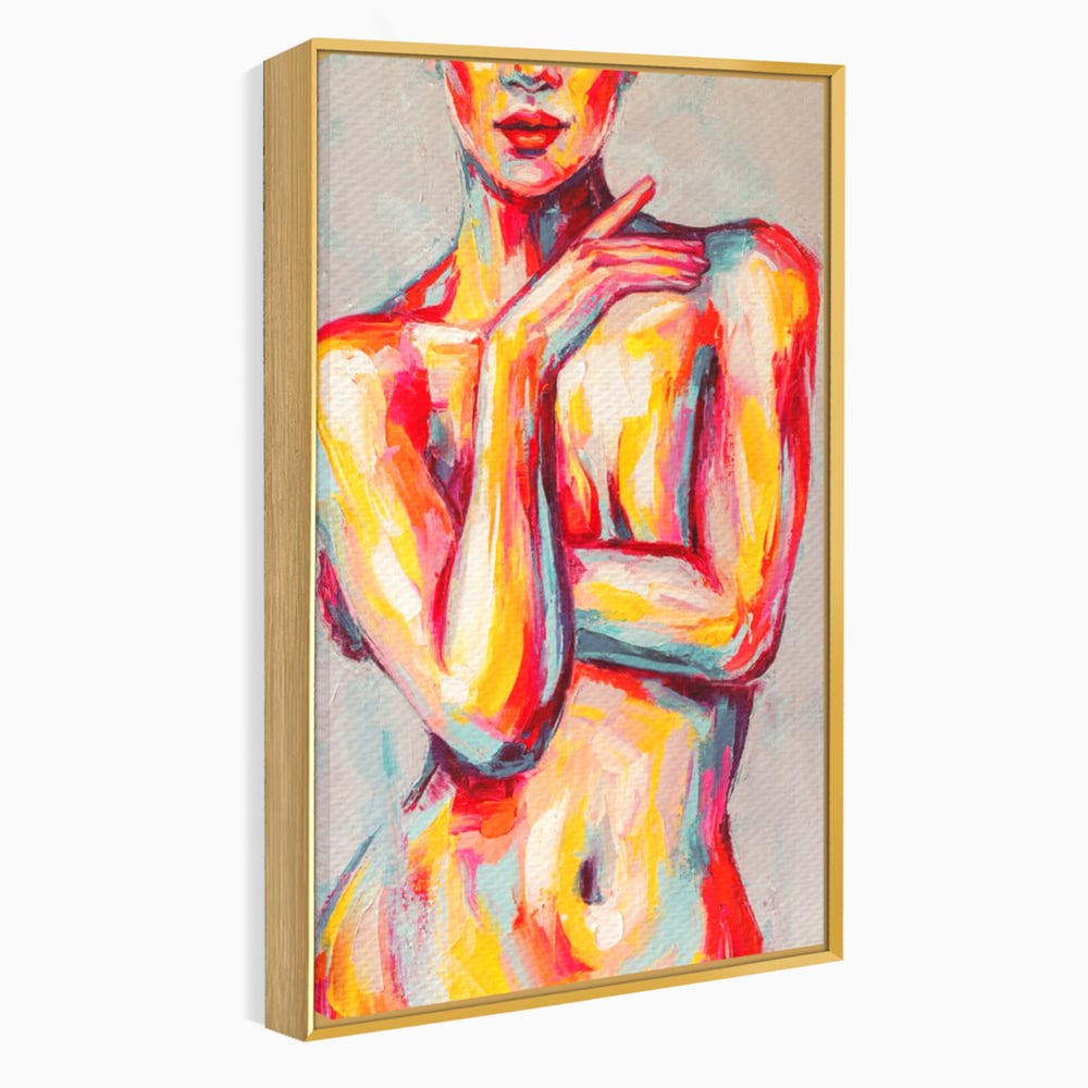 Tablou canvas cu tablou canvas cu femeie nud abstracta, in rama de aluminiu auriu